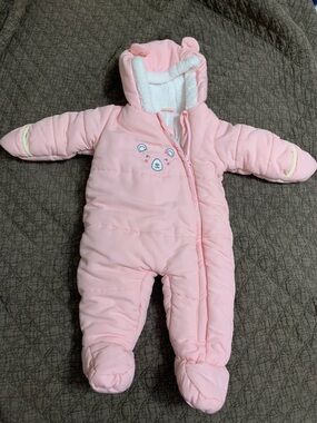 Pink Baby Puffer Snowsuit with Bear Embroidery